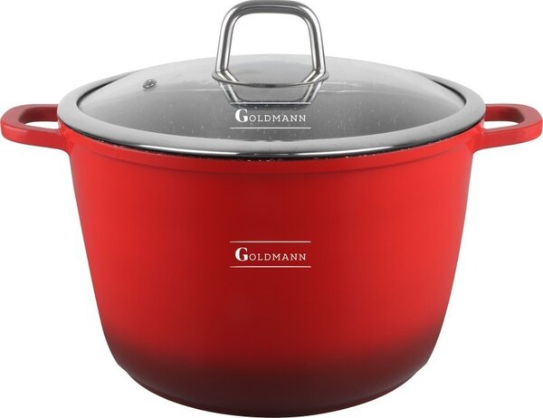 Дълбока тенджера Goldmann GM-0624R, 24 см, 6.2 л,Мраморно покритие, Стъклен капак с отвор за пара, Индукция, Червен