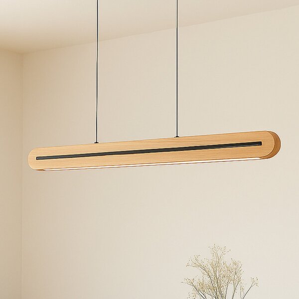 Lucande LED висяща лампа Darnor, дърво, CCT, дължина 100 cm, Затъмняване, Дърво, Дневна/трапезария, Дървесина, Модерен
