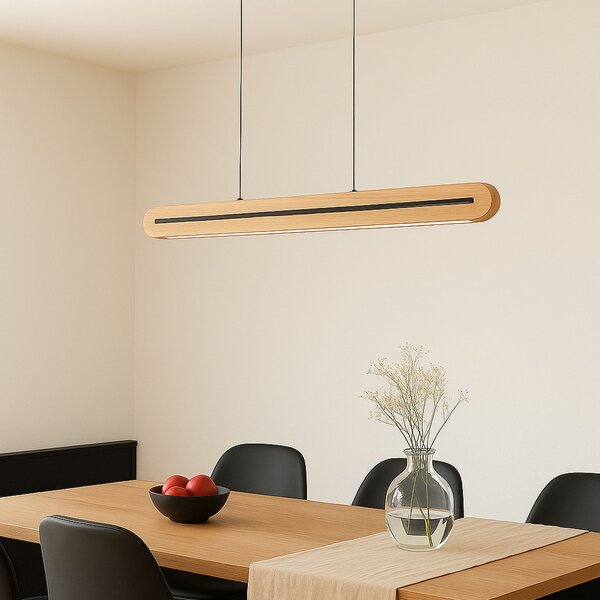 Lucande LED висяща лампа Darnor, дърво, CCT, дължина 100 cm, Затъмняване, Дърво, Дневна/трапезария, Дървесина, Модерен