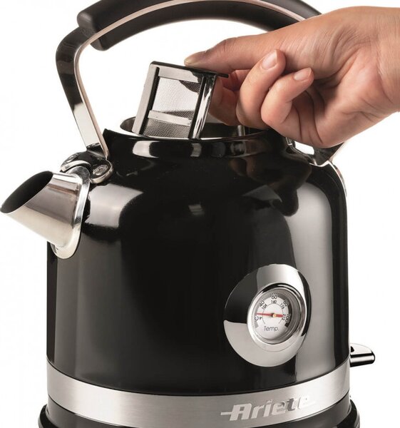 Електрическа кана Ariete MODERNA 2854/02, 2000W, 1.7 л, Термометър, 360C безжична основа, Подвижен филтър, Черен