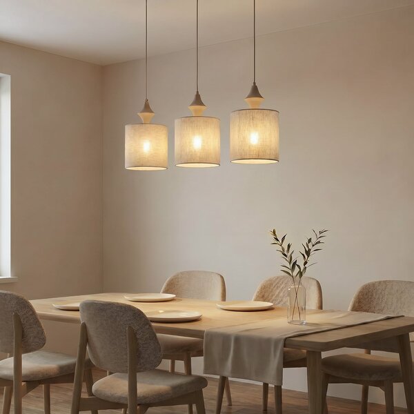 TK Lighting Висяща лампа Amura, с 3 лампи, дължина 105 см, бежово/пясъчно, E27, Затъмняване, Бежов, Дневна/трапезария, Плат / текстил, Модерен