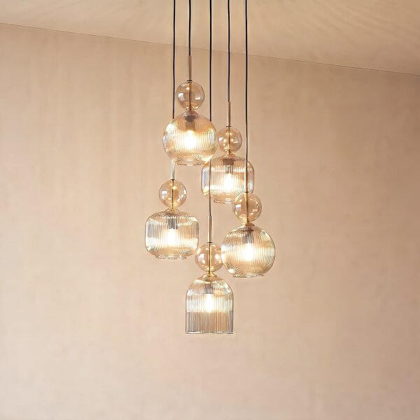 TK Lighting Висяща лампа „София“, с 5 лампи, Ø 37 см, коняк/черно, E14, Затъмняване, Сив, Дневна/трапезария, Стъкло, Модерен