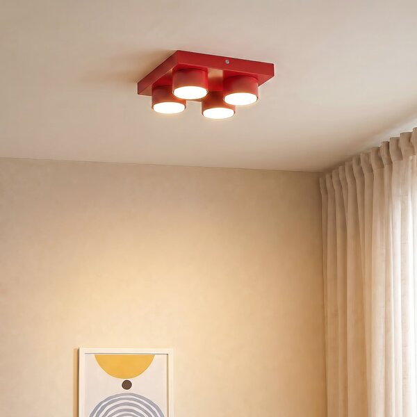 TK Lighting Таванна лампа Brix, червена, дължина 23 см, с 4 лампи, GX53, Затъмняване, Червен, Дневна/трапезария, Метал, Модерен