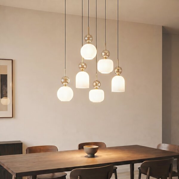 TK Lighting Висяща лампа „София“, с 6 лампи, бяла/коняк, дължина 65 см, E14, Затъмняване, Бял, Дневна/трапезария, Стъкло, Модерен