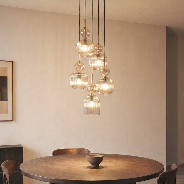 TK Lighting Висяща лампа „София“, с 5 лампи, Ø 37 см, коняк/черно, E14, Затъмняване, Сив, Дневна/трапезария, Стъкло, Модерен