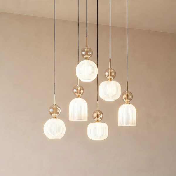 TK Lighting Висяща лампа „София“, с 6 лампи, бяла/коняк, дължина 65 см, E14, Затъмняване, Бял, Дневна/трапезария, Стъкло, Модерен