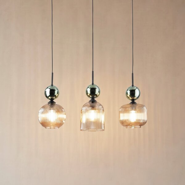TK Lighting Висяща лампа „София“, с 3 лампи, коняк/зелено, дължина 65 см, E14, Затъмняване, Зелен, Дневна/трапезария, Стъкло, Модерен
