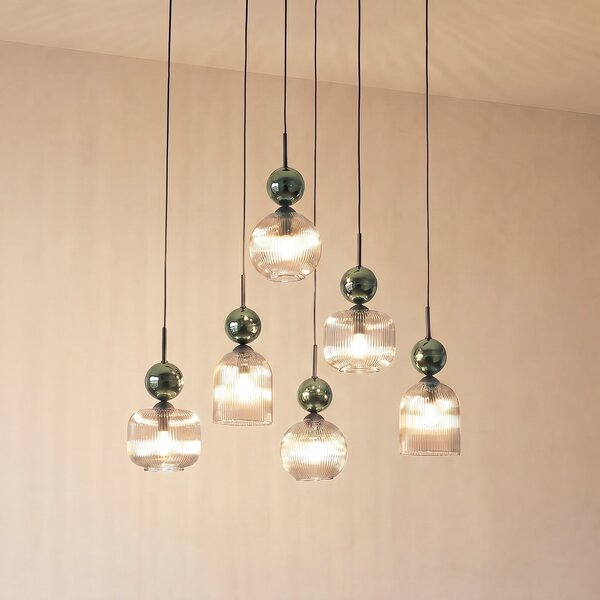 TK Lighting Висяща лампа „София“, с 6 лампи, коняк/зелено, дължина 65 см, E14, Затъмняване, Зелен, Дневна/трапезария, Стъкло, Модерен