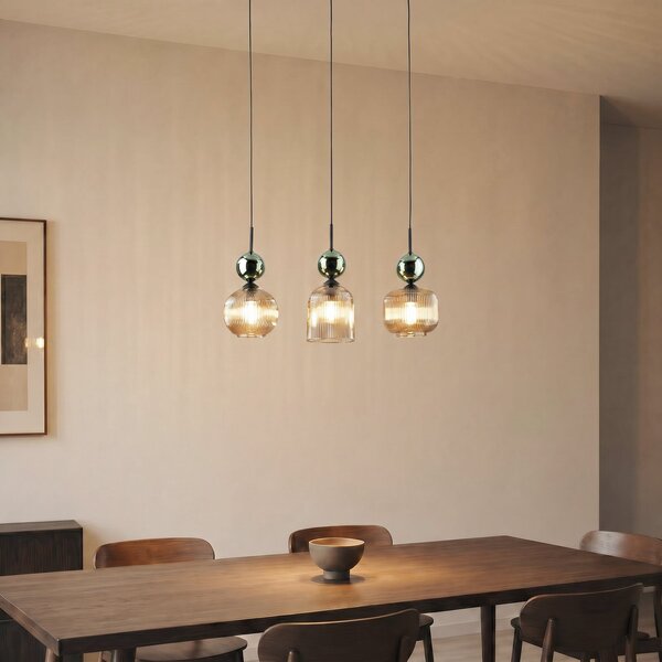 TK Lighting Висяща лампа „София“, с 3 лампи, коняк/зелено, дължина 65 см, E14, Затъмняване, Зелен, Дневна/трапезария, Стъкло, Модерен
