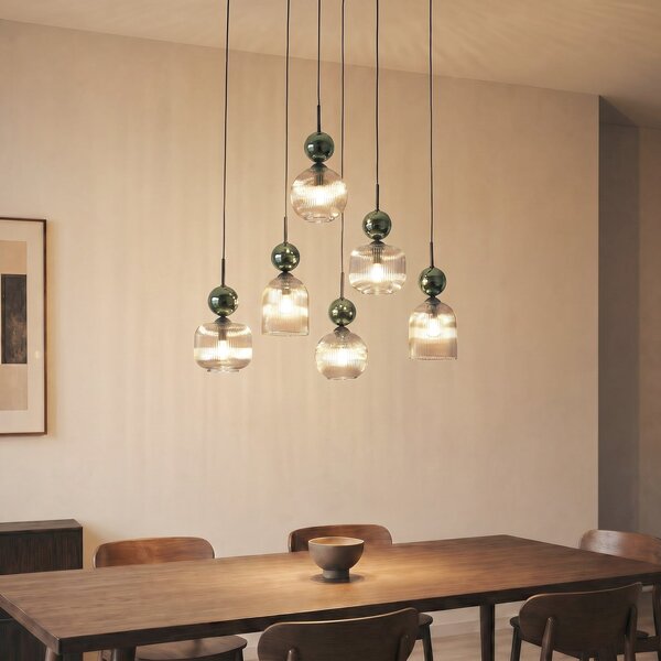 TK Lighting Висяща лампа „София“, с 6 лампи, коняк/зелено, дължина 65 см, E14, Затъмняване, Зелен, Дневна/трапезария, Стъкло, Модерен
