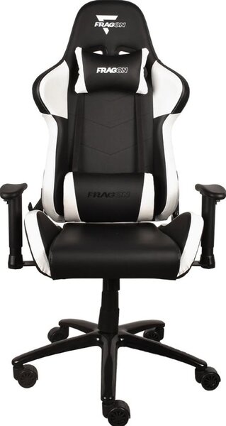 Геймърски стол FragON 2X Series V2, изкуствена кожа, до 130kg, стандартна с люлееща функция, 2D регулируеми подлакътници, газов амортисьор клас 4, лумбална и шийна възглавница, черен/бял