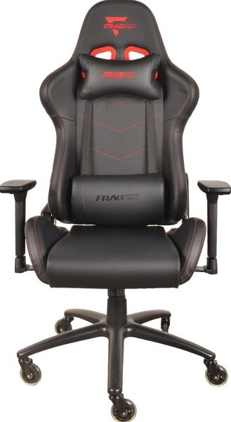 Геймърски стол FragON 2X Series V2, до 150kg, PVC еко кожа, заключващ се наклон на облегалката, 2D регулируеми подлакътници, газов амортисьор клас 4, лумбална и шийна възглавница, черен
