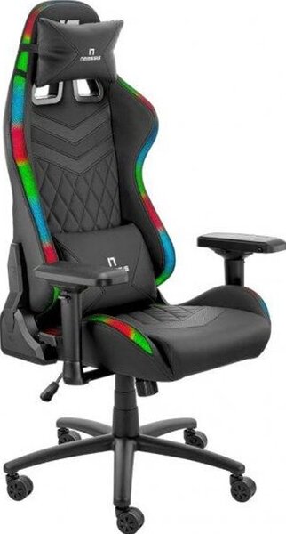 Геймърски стол NITRO CONCEPTS Nemesis Ultimate Edition, до 130kg, Relax тип Bucket, изкуствена кожа, 4D регулируеми подлакътници, газов амортисьор клас 4, вградено RGB осветление, лумбална и шийна възглавница, черен