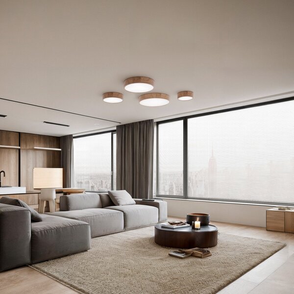 TEMAR LIGHTING Таванна лампа Cleo DR800, дъб, Ø 80 cm, 6-свещник, E27, Затъмняване, Дърво, Дневна/трапезария, Дървесина, Модерен