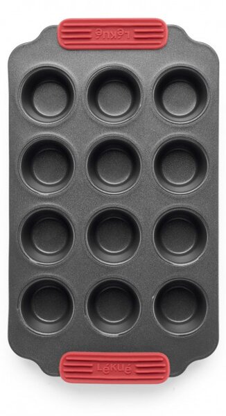 Форма за мъфини Lekue 1009479, За 12 бр, 31x18x3.7 см, Керамично незалепващо покритие, Карбонова стомана, От +4°C до +240°C, Черен/Червен