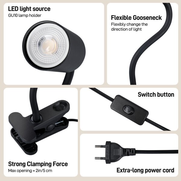 Immax NEO 08293L - Гъвкава лампа с щипка PUNTO 1xGU10/9W/230V черна