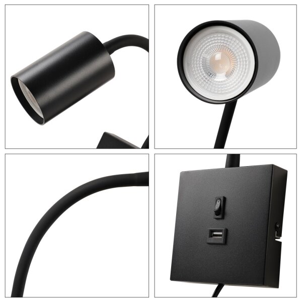 Immax 08295L - Стенен аплик PUNTO с USB, 1xGU10/9W/230V, черен