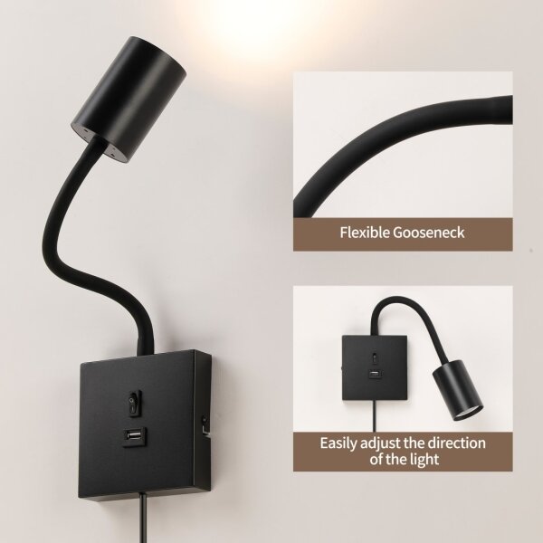 Immax 08295L - Стенен аплик PUNTO с USB, 1xGU10/9W/230V, черен