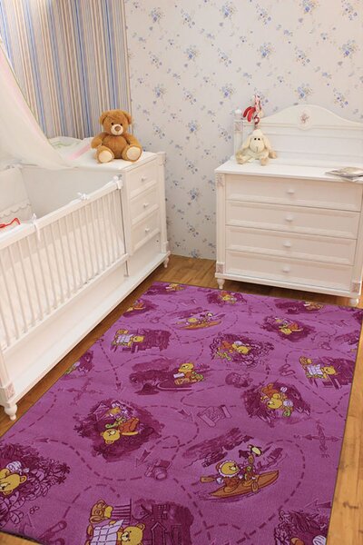 Розово-лилав мокетен детски килим с мечета - 150/200