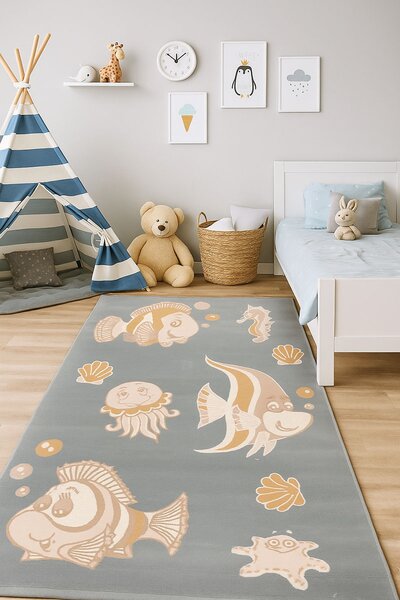 Син детски килим Pastel морски свят - 120/180
