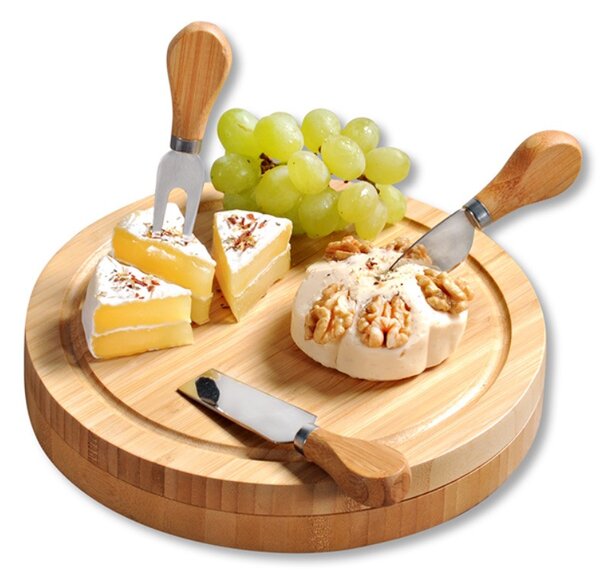 Комплект дъски за рязане и сервиране на сирена с прибори Kesper 58642, 23 см, 5 части, Вградено отделение за прибори, Бамбук, Натурален