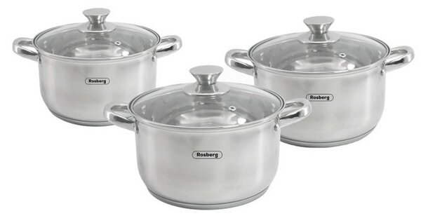 Комплект тенджери Rosberg R51210L6B, 6 части, неръждаема стомана, с капак, инокс