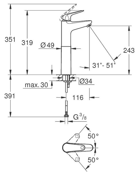 Grohe Euroeco Едноръкохватков смесител за умивалник тип "Купа", XL-размер