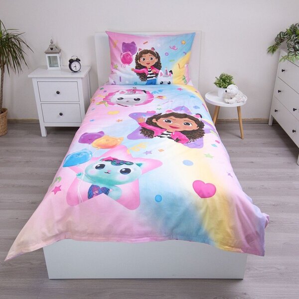 Розово единично памучно детско спално бельо 140x200 cm Gabby's Dollhouse "Rainbow" – Jerry Fabrics
