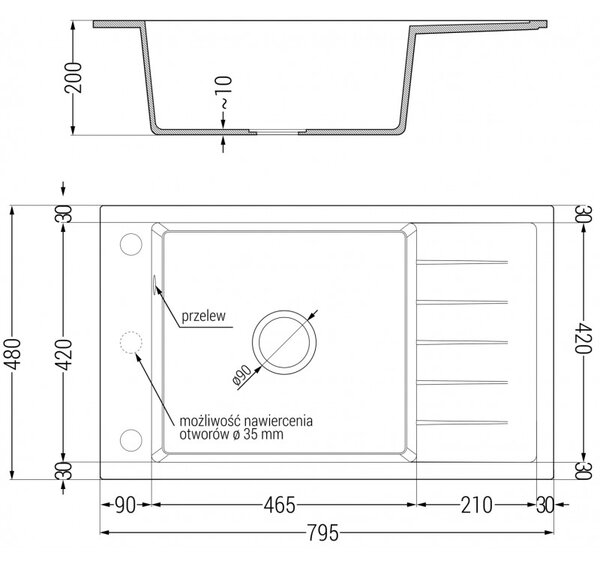 Мексен Елиас гранитен мивка 1-коморова с отцеждач 795 x 480 mm, черен, хромиран сифони - 6511791005-77