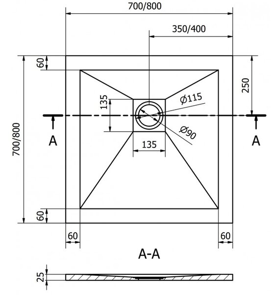 Mexen Stone+ квадратен композитен поддон 70 x 70 см, бял, черна капачка - 44107070-B