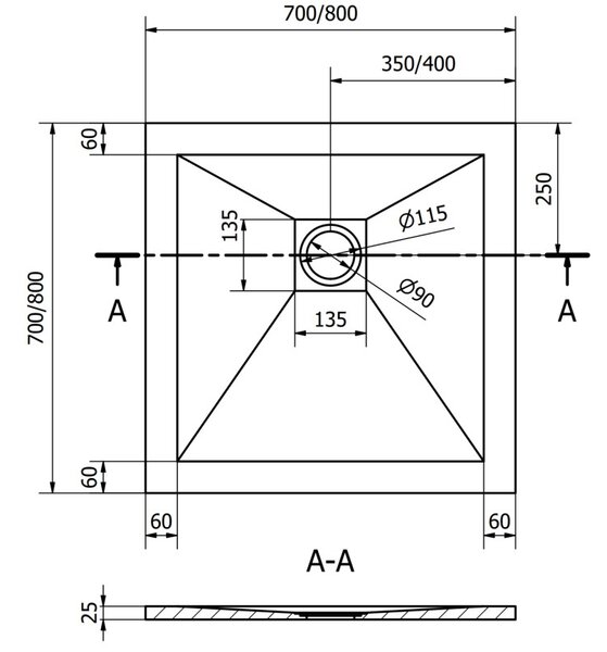 Mexen Stone+ композитен квадратен подов душ 70 x 70 см, черен - 44707070