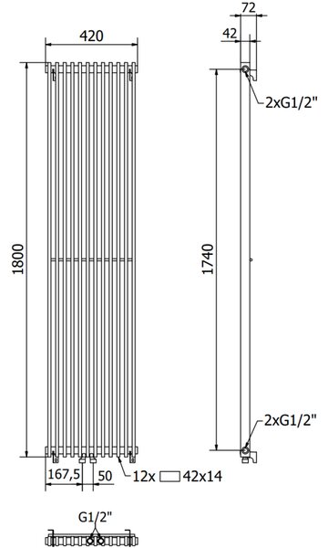 Mexen Kansas декоративен радиатор 1800 x 420 мм, 1242 W, черен - W204-1800-420-00-70