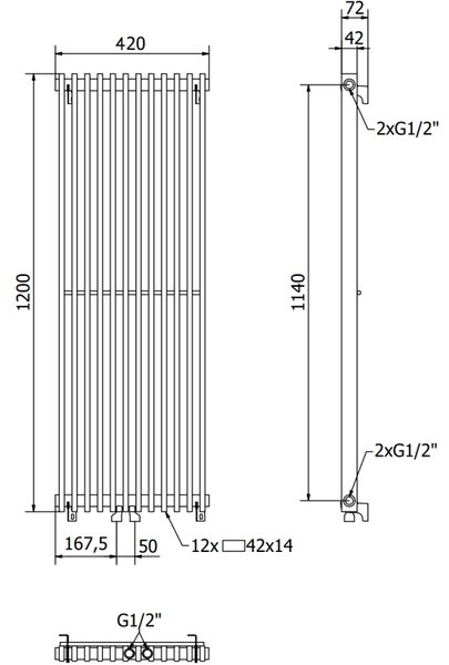 Mexen Kansas декоративен радиатор 1200 x 420 мм, 842 W, черен - W204-1200-420-00-70