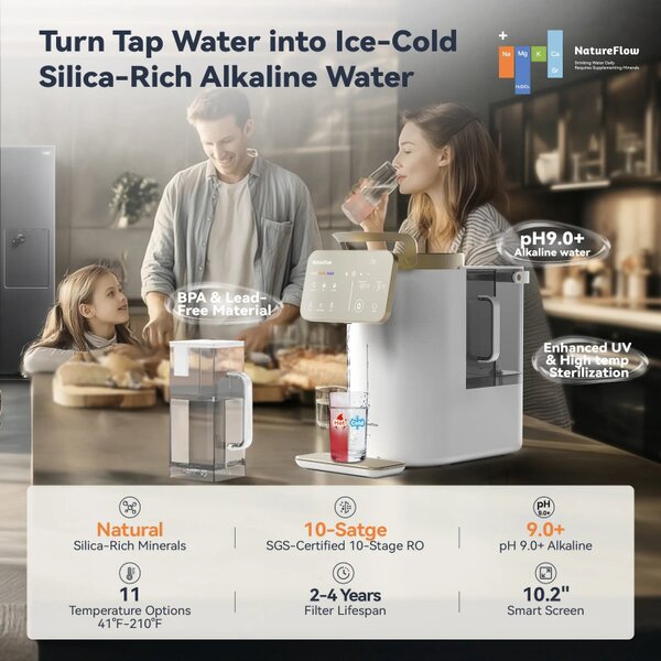 Система за пречистване на вода NatureFlow Y6 Ultra, 5 литра, Топла и студена вода, 10-степенна филтрация, Обратна осмоза, Бял/Златист