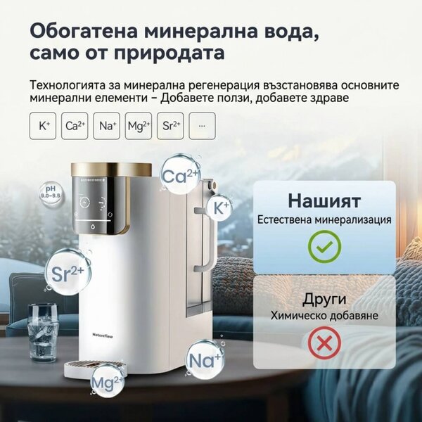 Система за пречистване на вода NatureFlow F4, До 4000 л, Алкална обратна осмоза, Моментална гореща вода, pH 9.5, Тъчскрийн, Бял