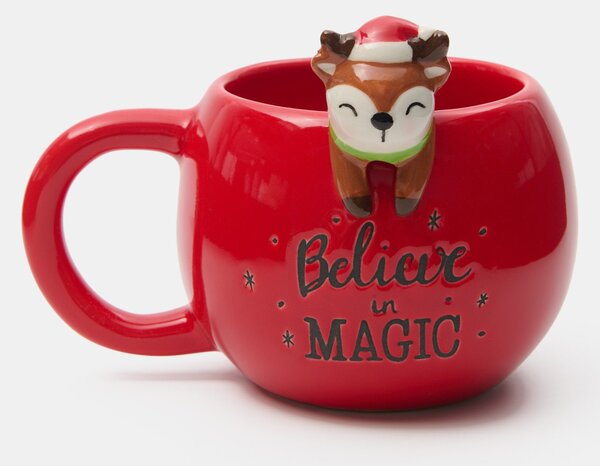 Sinsay - Коледна керамична чаша с фигурка на елен и надпис „Believe in Magic“ - червeн