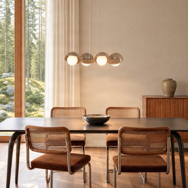 EMIBIG LIGHTING Висяща лампа Boom 4, бежова, стъкло/стомана, дължина 60 cm, Затъмняване, Бежов, Дневна/трапезария, Метал, Модерен
