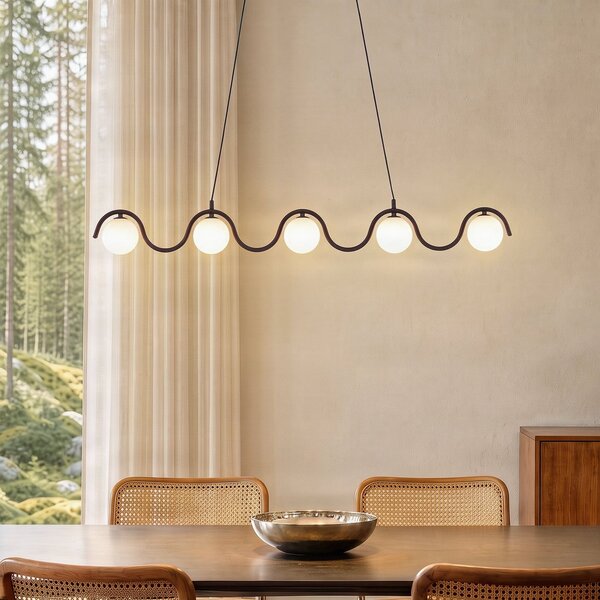 EMIBIG LIGHTING Висяща лампа Sinus 5, черна/опал, стъкло, дължина 110 cm, Затъмняване, Черен, Дневна/трапезария, Стъкло, Модерен