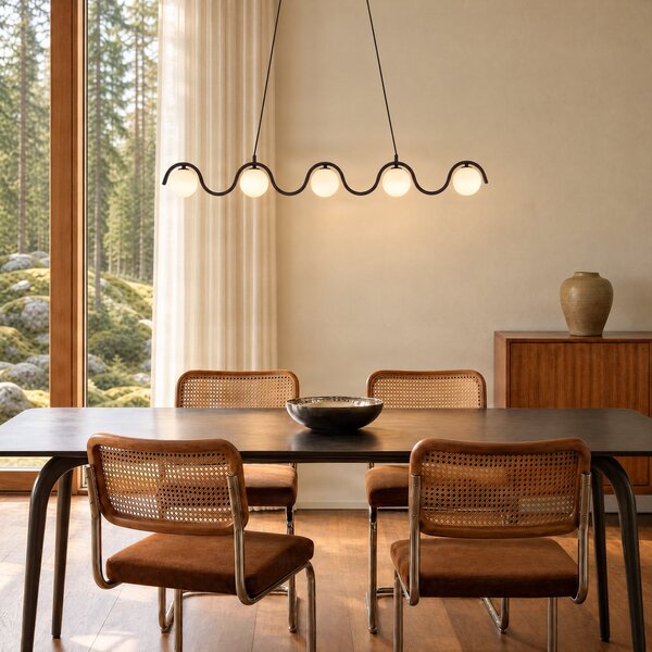 EMIBIG LIGHTING Висяща лампа Sinus 5, черна/опал, стъкло, дължина 110 cm, Затъмняване, Черен, Дневна/трапезария, Стъкло, Модерен