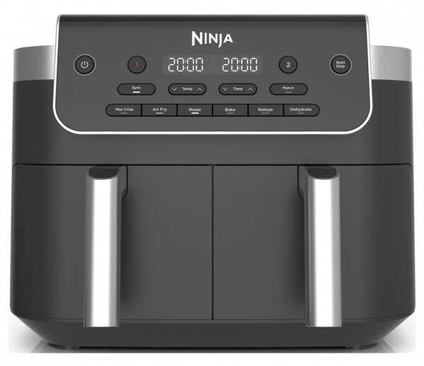 Двоен фритюрник с горещ въздух Ninja Foodi Dual Zone DZ801EU, 2470W, Независими зони за готвене, 7.6 л, 6 програми, 40-240C, Max Crisp, Sync, Сив/Инокс