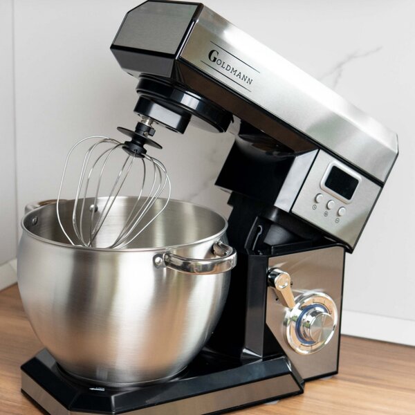 Планетарен миксер Goldmann GM-1115BD, 2200W, 8.5 л, 6 скорости + импулси, Таймер, Иноксова купа, LED, Инокс