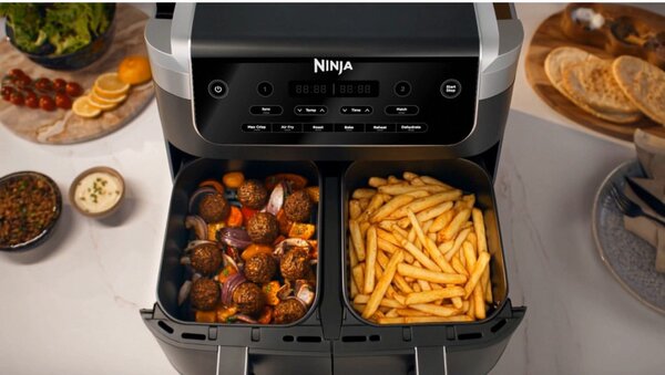 Двоен фритюрник с горещ въздух Ninja Foodi Dual Zone DZ801EU, 2470W, Независими зони за готвене, 7.6 л, 6 програми, 40-240C, Max Crisp, Sync, Сив/Инокс