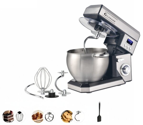 Планетарен миксер Goldmann GM-1115BD, 2200W, 8.5 л, 6 скорости + импулси, Таймер, Иноксова купа, LED, Инокс