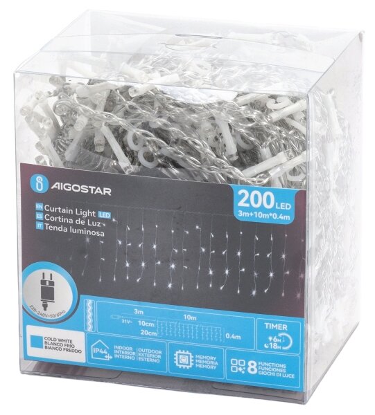 Aigostar - LED външна коледна гирлянда 200xLED/3,6W/230V/8 режима 10x0,4m IP44 студено бяла