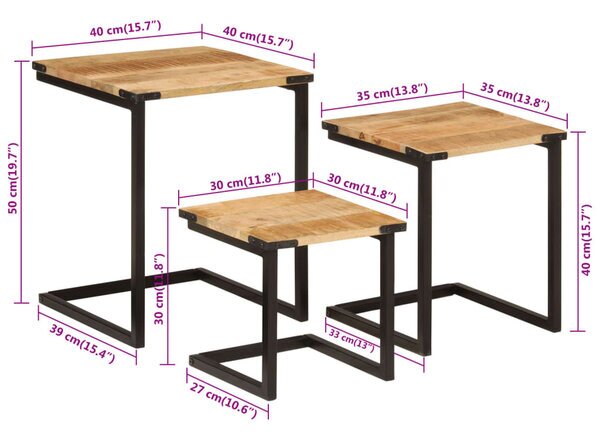 Стифиращи масички за кафе, 3 бр, мангово дърво масив и желязо