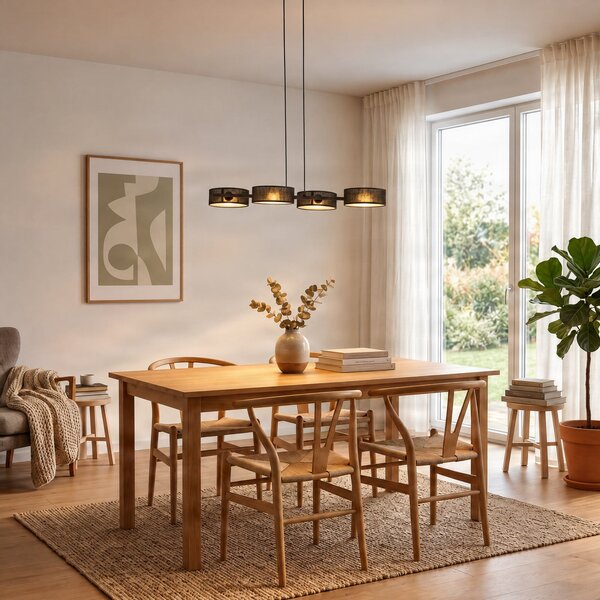 EMIBIG LIGHTING Висяща лампа Drumz 4, черна, плат/стомана, дължина 80 cm, E14, Затъмняване, Черен, Дневна/трапезария, Плат / текстил, Модерен