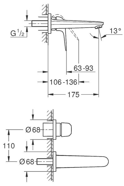 Grohe Euroeco Смесител за умивалник с 2 отвора, за вграждане, външна част