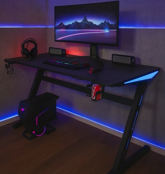 Геймърска маса с RGB LED подсветка черна Ширина: 60 см | Дължина: 140 см