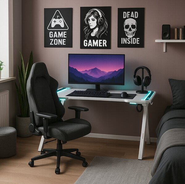 Геймърска маса с RGB LED подсветка бяла Широчина: 60 см | Дължина: 120 см