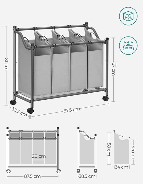 Организатор с колела за баня, Songmics, 4 x 35L, 87.5 x 38.5 x 67 см, LSF005, Сив